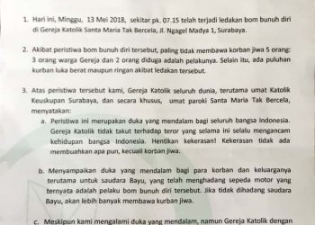 Pernyataan Sikap Paroki Santa Maria Tak Bercela Atas Tragedi Bom Bunuh Diri Di Surabaya